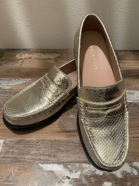 Cole Haan Metallic Gold Snake-Embossed Penny Loafers